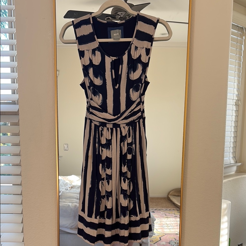 Anthropologie: Maeve Navy and Cream Patterned Midi Dress